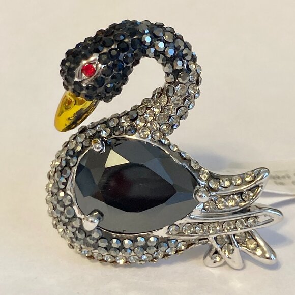 Vintage Crystal Swan Cocktail Ring Statement Size 7 8 Black Silver RhodiumPlated - Picture 2 of 11